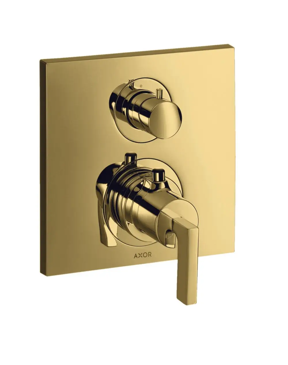 Thermostat Unterputz mit Hebelgriff in polierter Goldoptik von AXOR. Die Bedienelemente sind auf einer quadratischen Platte montiert.